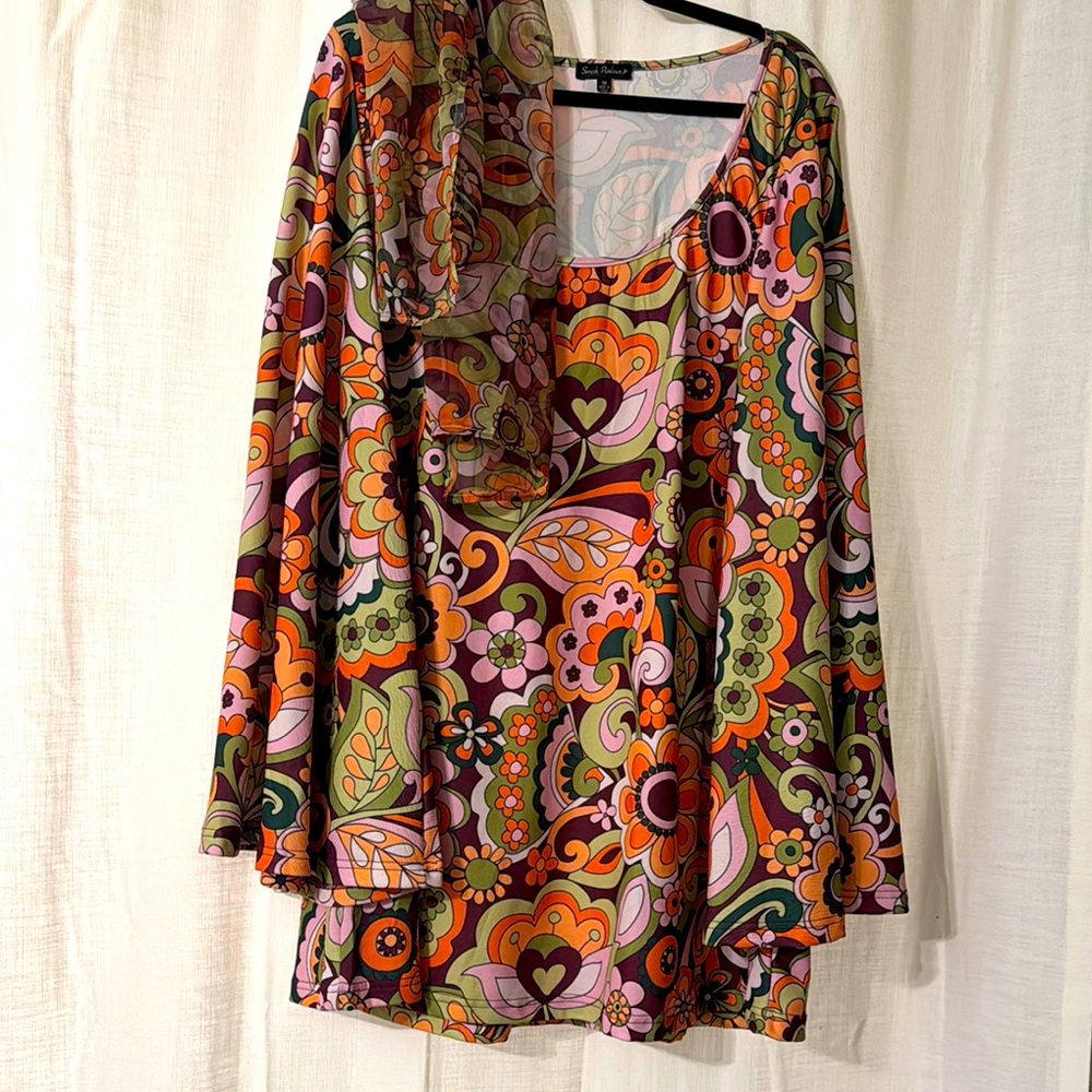Colorful Floral Tunic Dress with Scarf